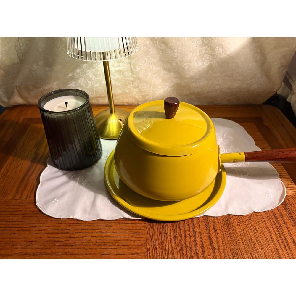 Vintage 1970s Mustard Yellow Enamel Fondue Pot with wood handle and drip tray